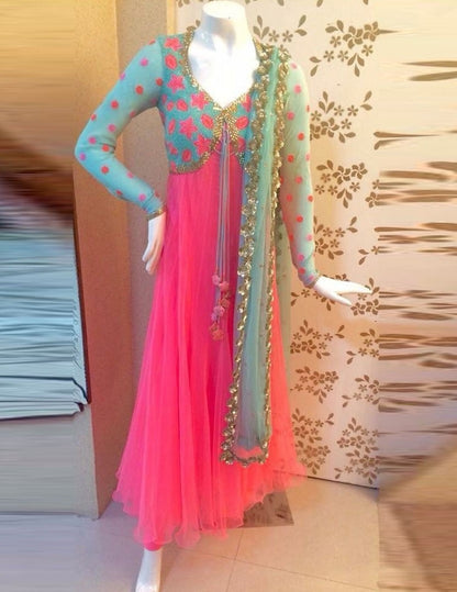 pink soft mono net anarkali suit with jacket