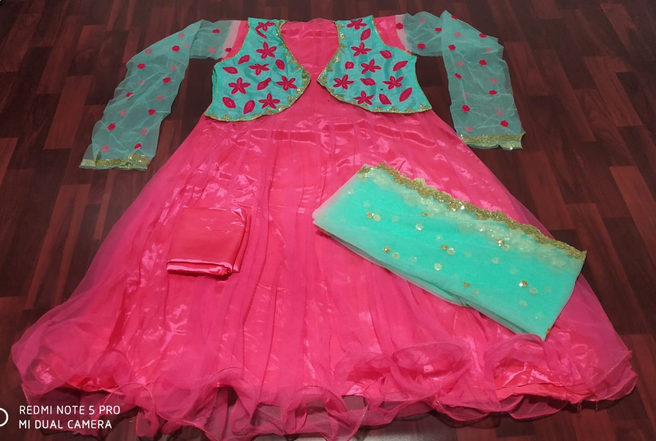pink soft mono net anarkali suit with jacket