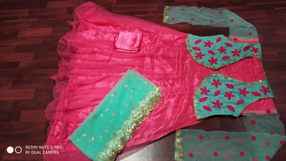 pink soft mono net anarkali suit with jacket