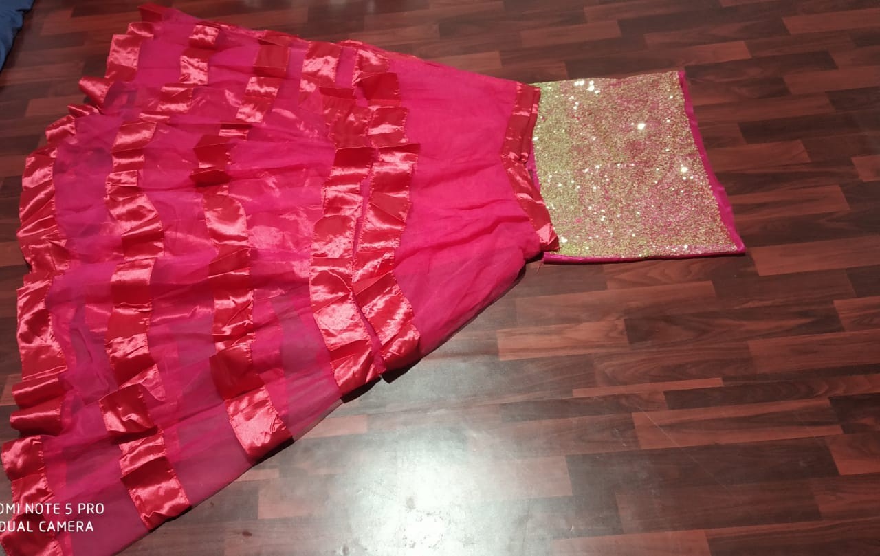 Pink soft mono net gown style croptop lehenga with sequence work blouse