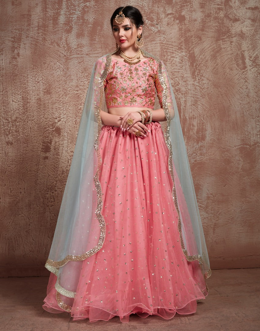 Pink soft net embroidered wedding lehenga choli