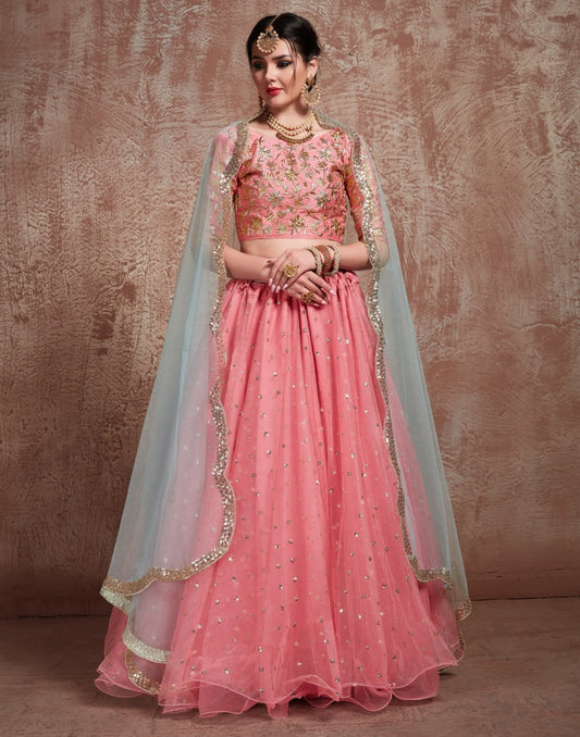 Pink soft net embroidered wedding lehenga choli