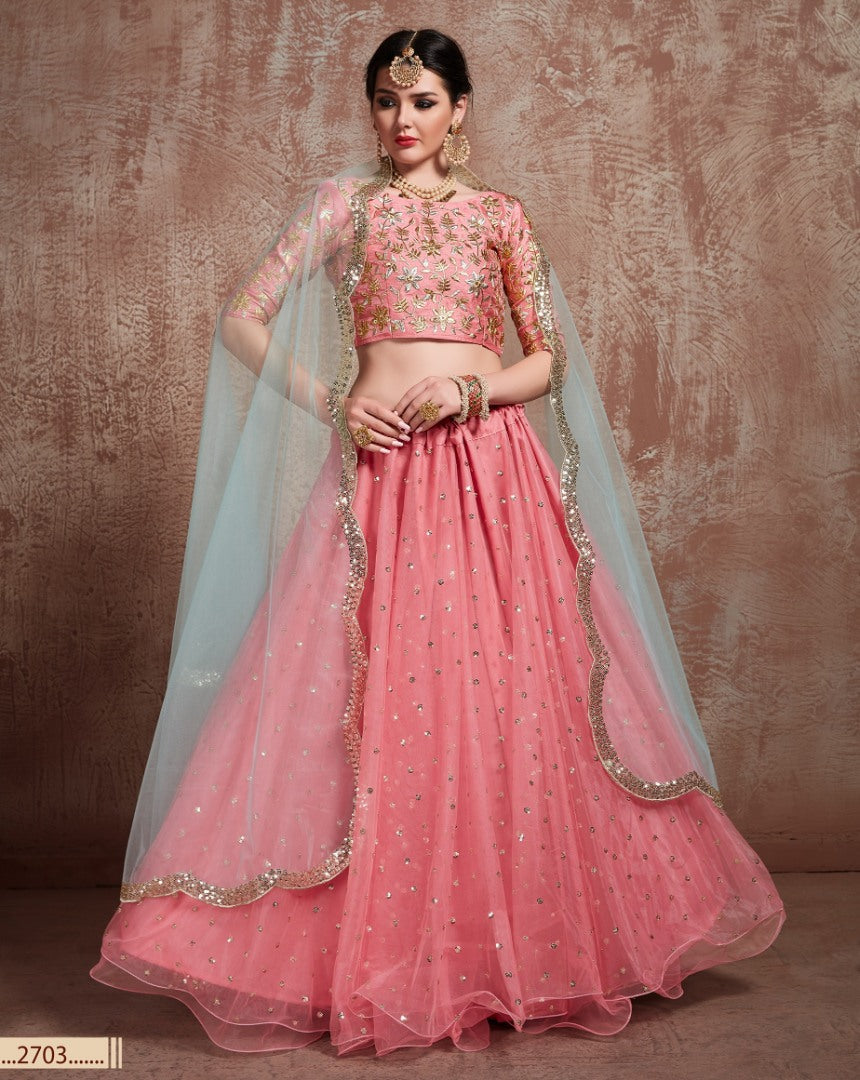 Pink soft net embroidered wedding lehenga choli