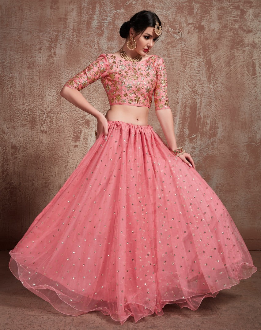 Pink soft net embroidered wedding lehenga choli