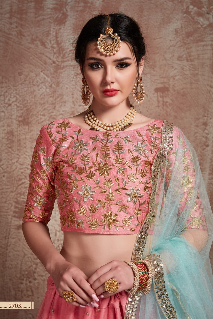 Pink soft net embroidered wedding lehenga choli