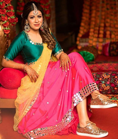 Pink taffeta satin foil mirror work party wear lehenga choli