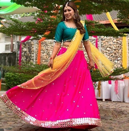 Pink taffeta satin foil mirror work party wear lehenga choli