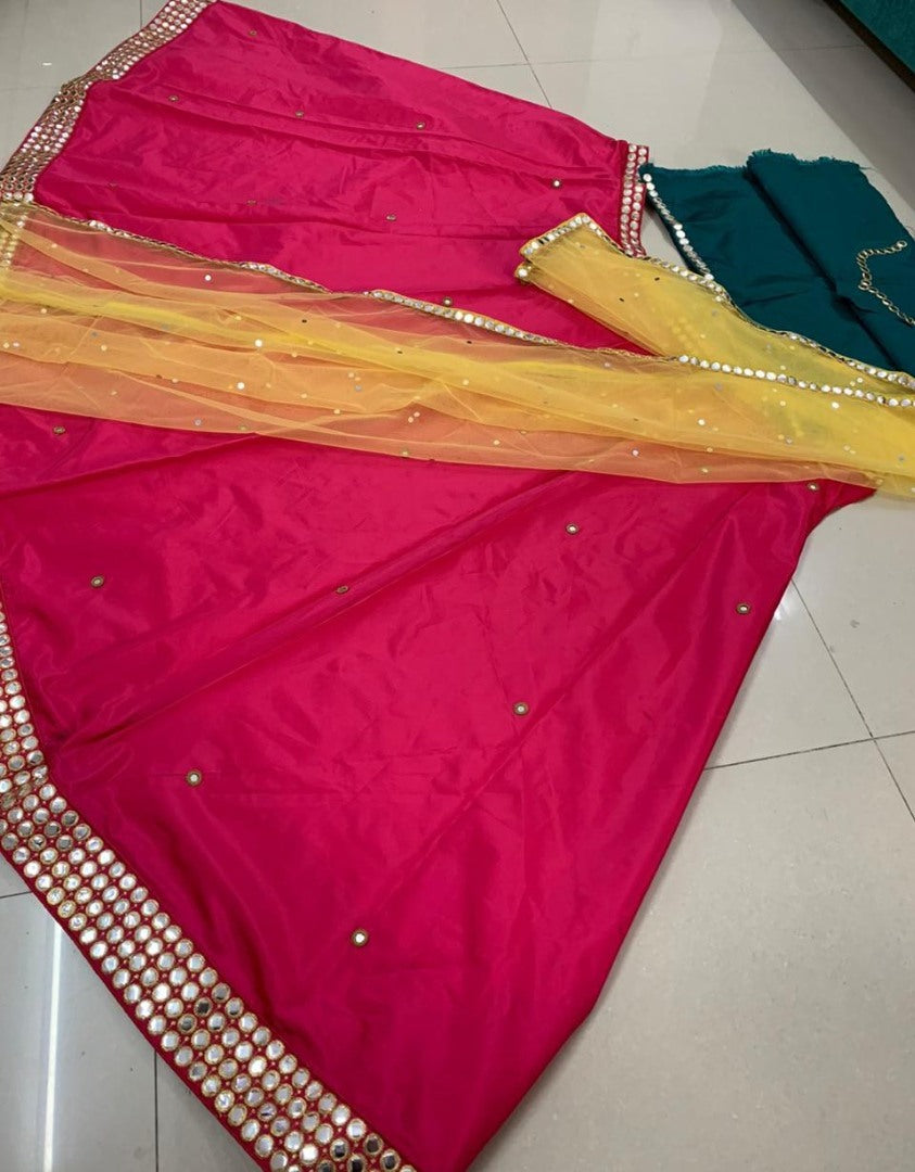 Pink taffeta satin foil mirror work party wear lehenga choli