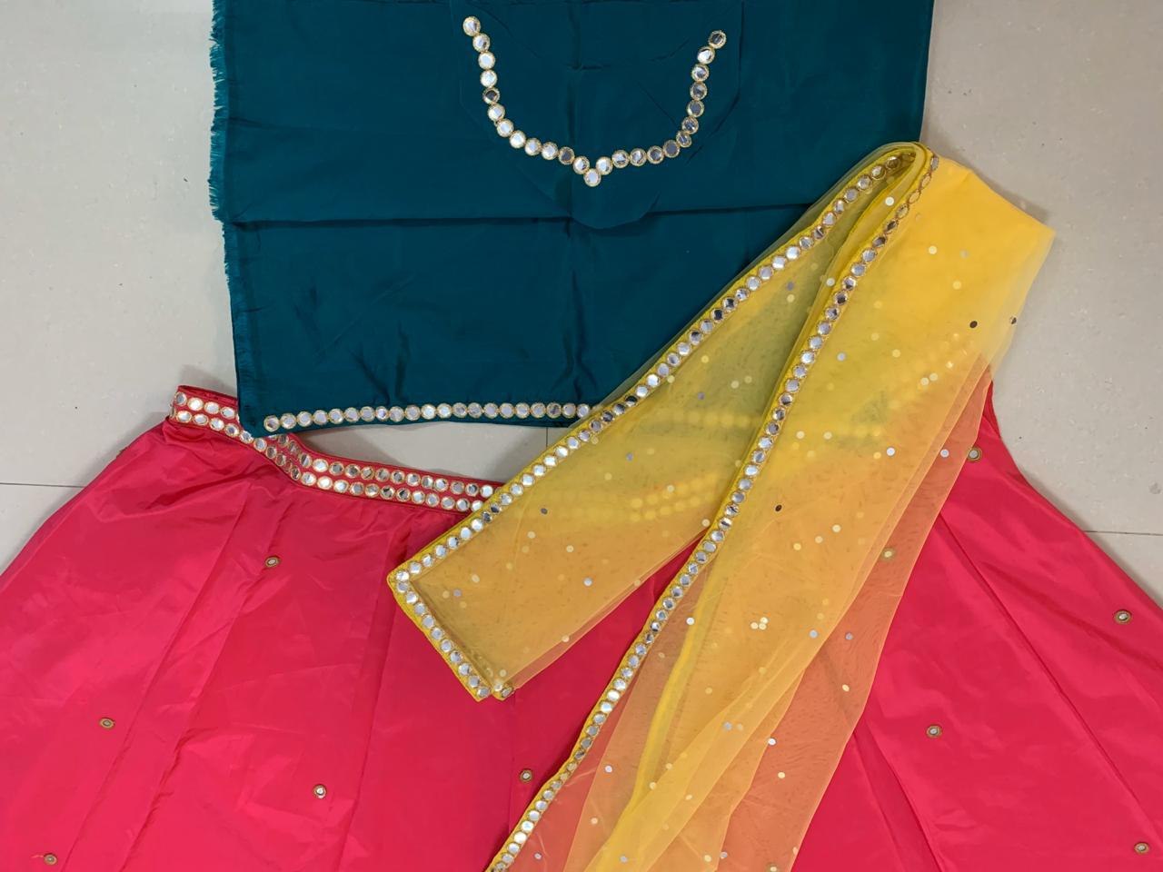 Pink taffeta satin foil mirror work party wear lehenga choli