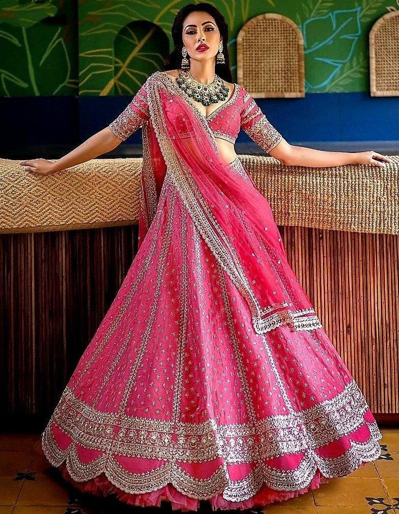 Pink taffeta silk heavy embroidered work ceremonial lehenga choli