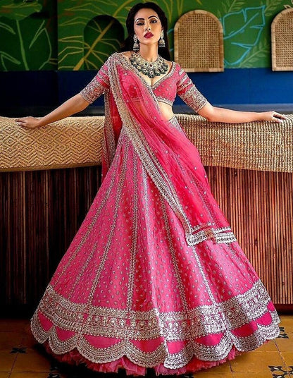 Pink taffeta silk heavy embroidered work ceremonial lehenga choli