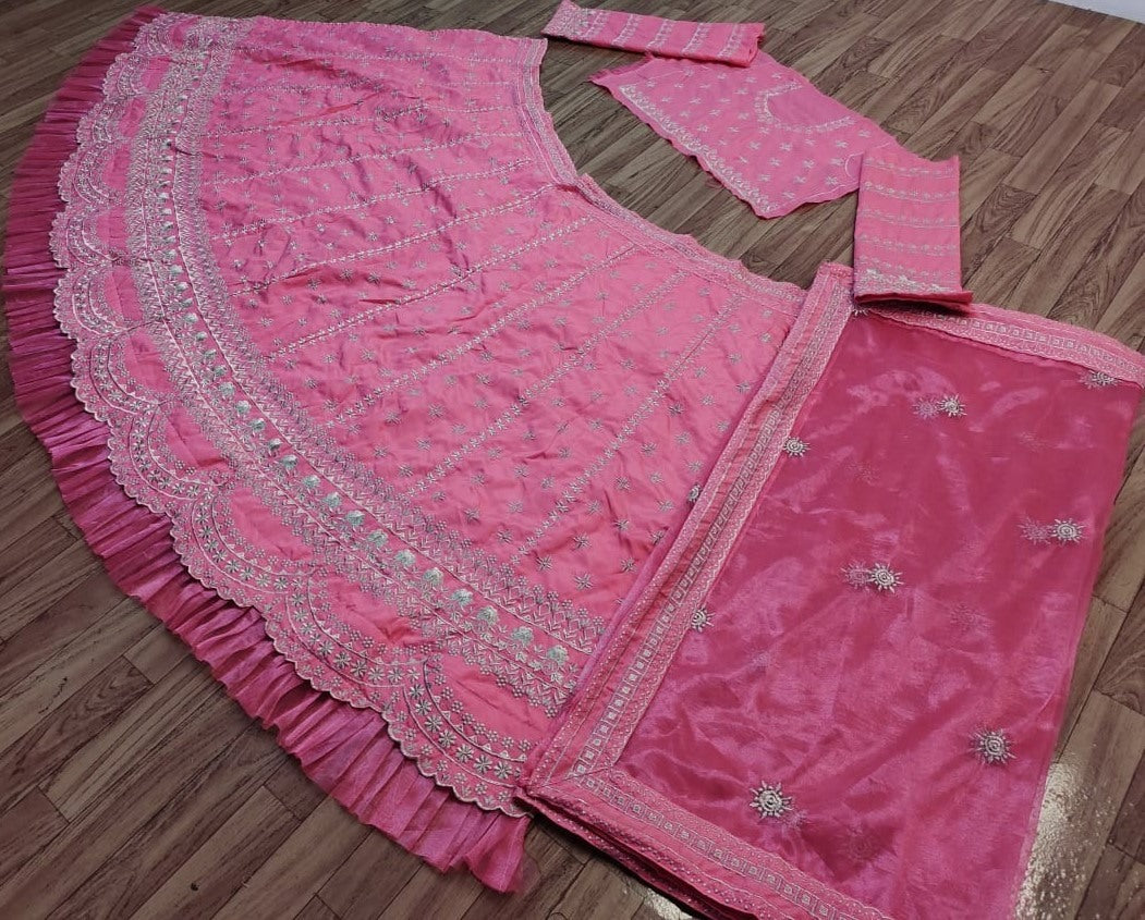 Pink taffeta silk heavy embroidered work ceremonial lehenga choli