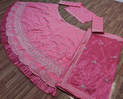 Pink taffeta silk heavy embroidered work ceremonial lehenga choli
