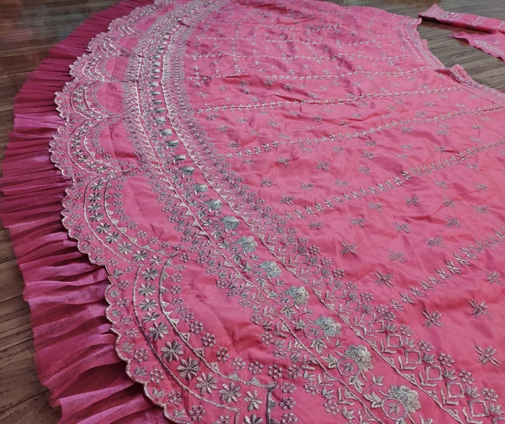 Pink taffeta silk heavy embroidered work ceremonial lehenga choli