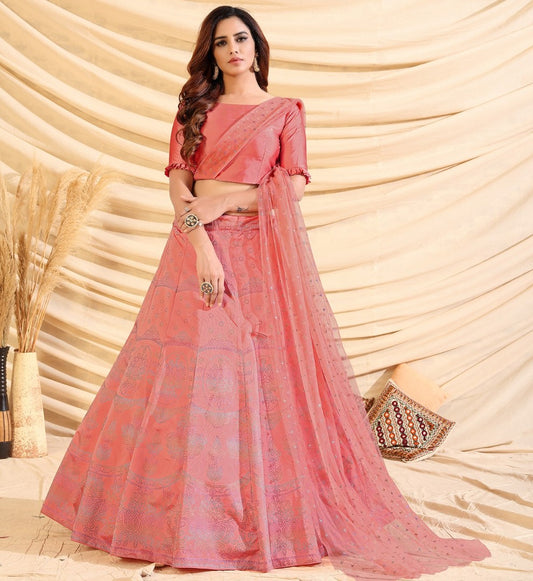 Pink taffeta silk pigment foil printed work party wear lehenga choli