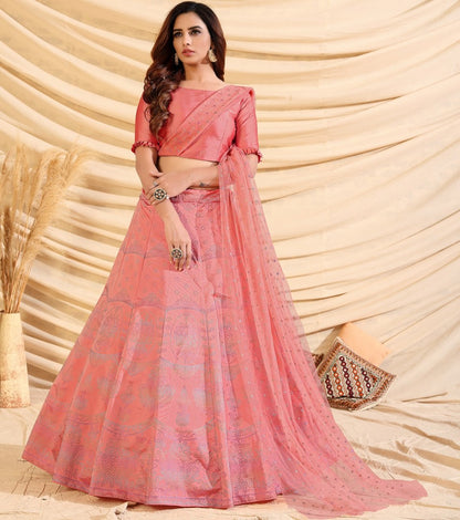 Pink taffeta silk pigment foil printed work party wear lehenga choli
