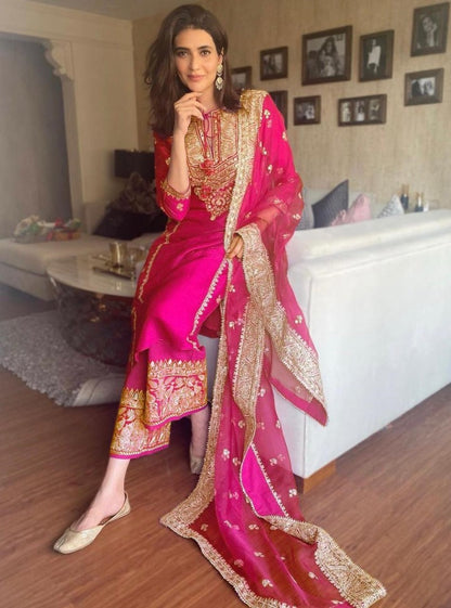 Pink tapeta silk embroidered plazzo salwar suit