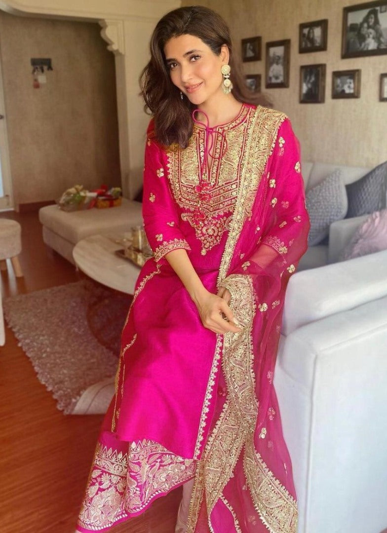 Pink tapeta silk embroidered plazzo salwar suit