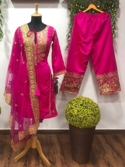 Pink tapeta silk embroidered plazzo salwar suit
