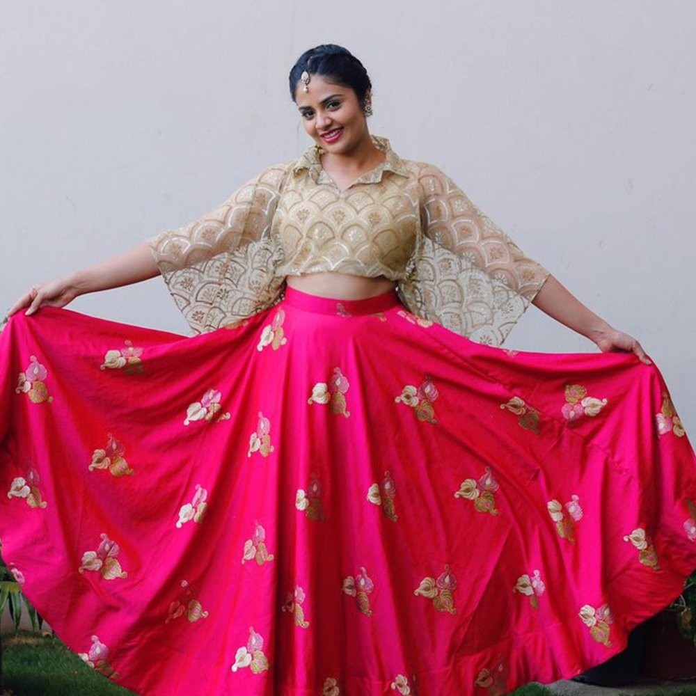pink tapeta silk fabulous embroidered crop top lehenga