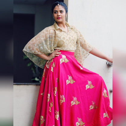 pink tapeta silk fabulous embroidered crop top lehenga