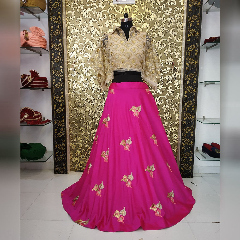 pink tapeta silk fabulous embroidered crop top lehenga