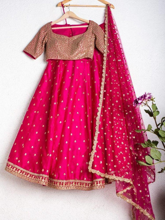 Pink tapeta silk sequence and zari work lehenga choli