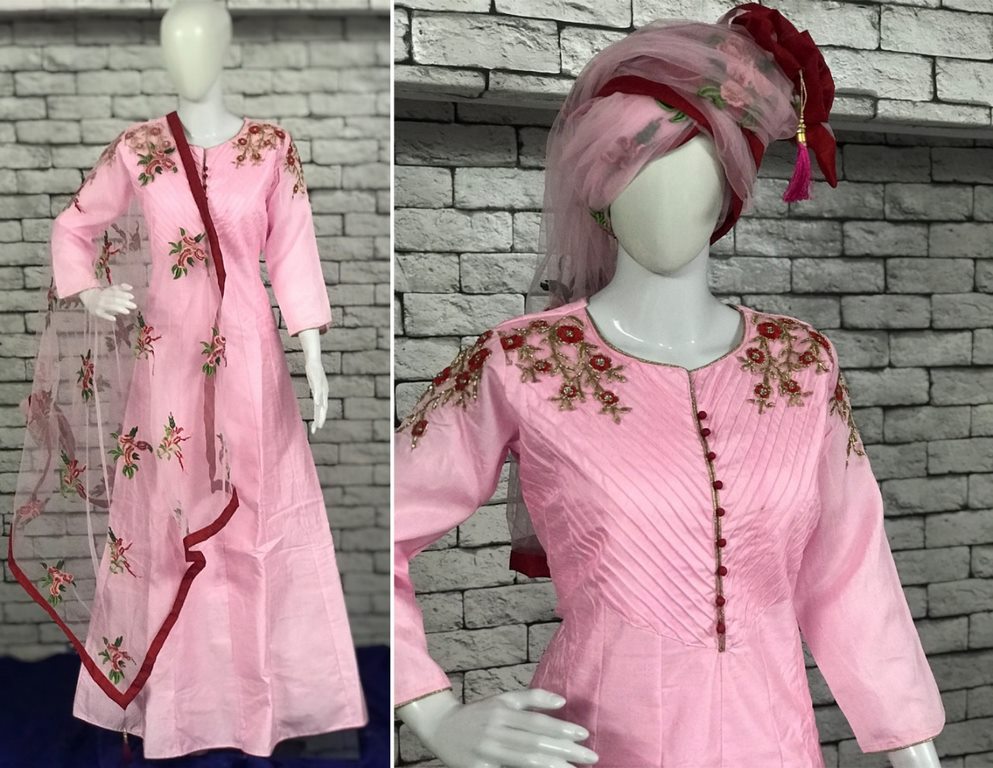 Pink thai silk beautiful handworked partywear long anarkali suit