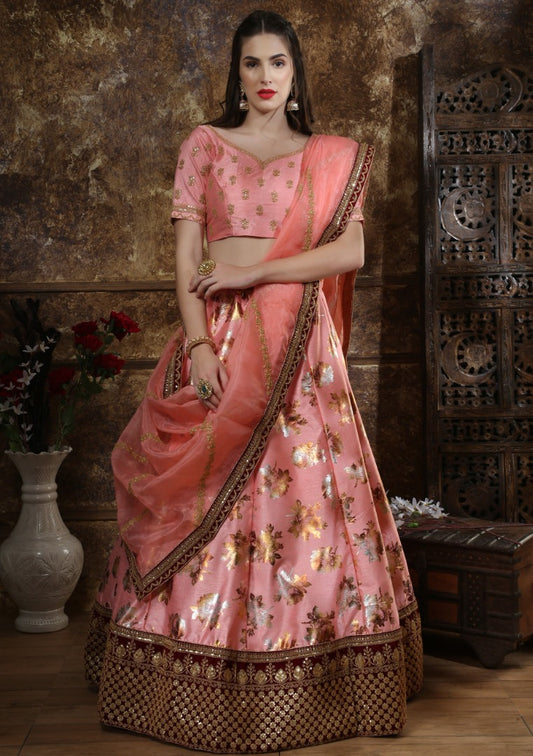 Pink thai silk metallic sequence embroidered bridal lehenga choli