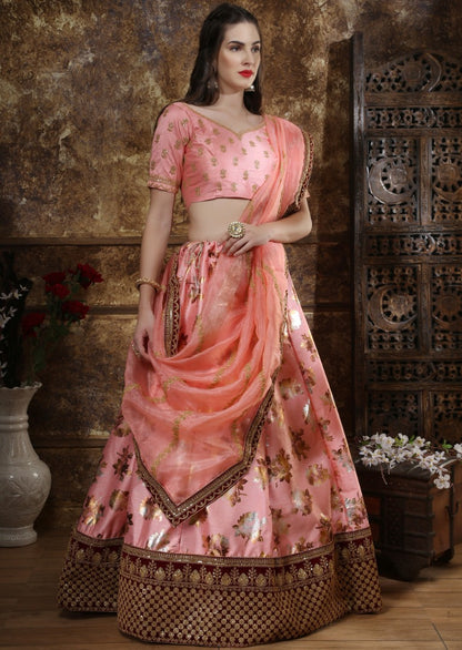 Pink thai silk metallic sequence embroidered bridal lehenga choli