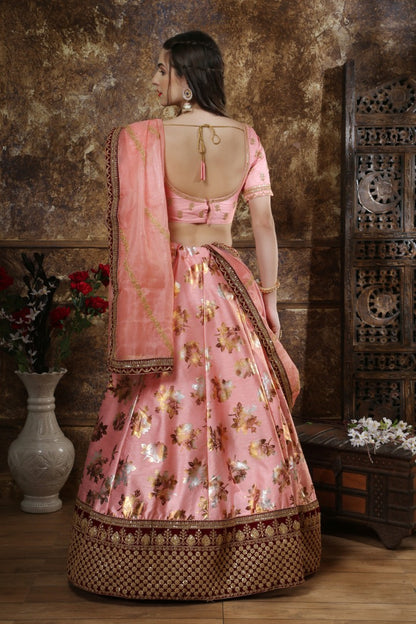 Pink thai silk metallic sequence embroidered bridal lehenga choli