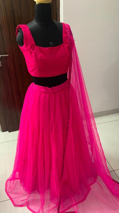 Pink two layer net pearl work lehenga choli