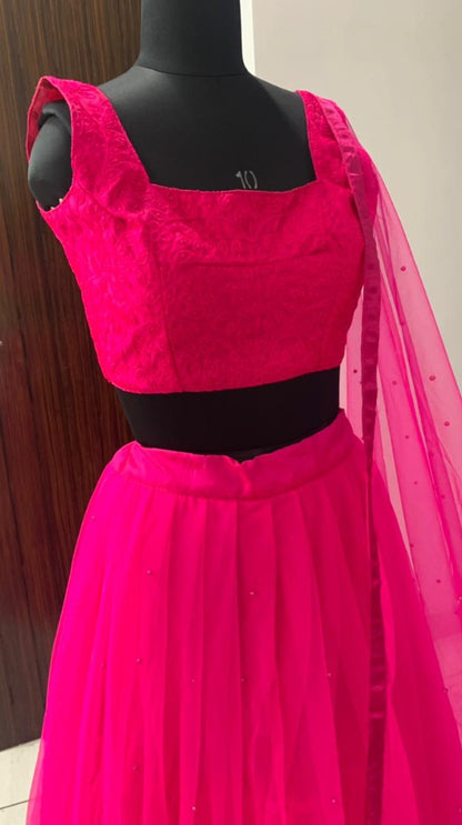 Pink two layer net pearl work lehenga choli