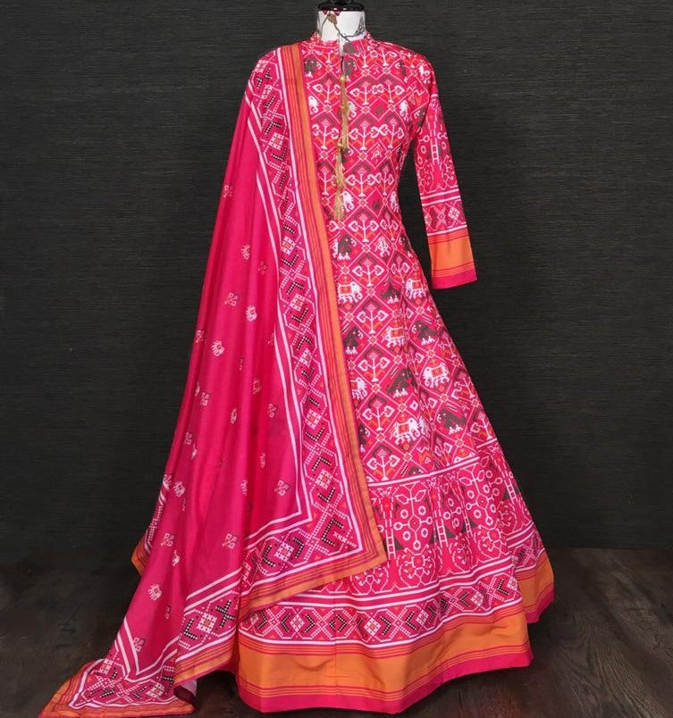 Pink vaishali silk digital printed anarkali gown