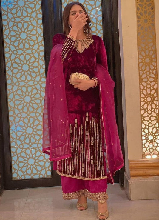 Pink velvet embroidery worked plazzo suit for wedding