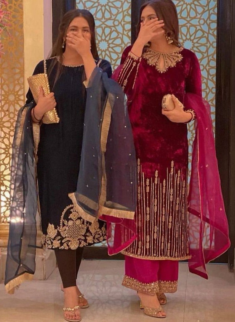 Pink velvet embroidery worked plazzo suit for wedding