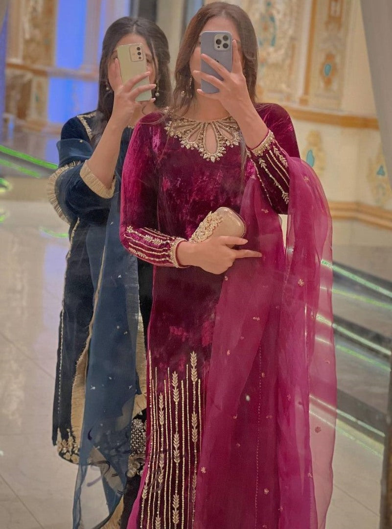 Pink velvet embroidery worked plazzo suit for wedding
