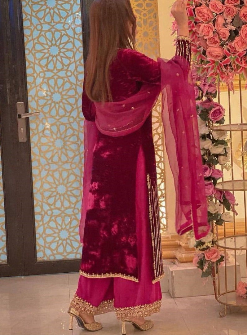 Pink velvet embroidery worked plazzo suit for wedding