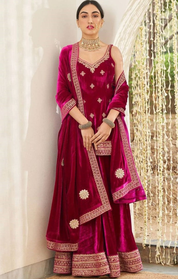 Pink velvet heavy embroidery work plazzo suit