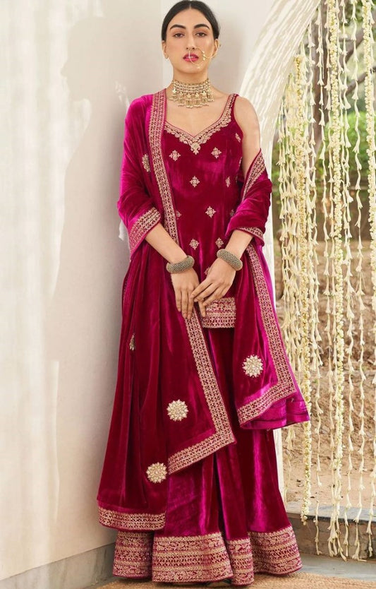 Pink velvet heavy embroidery work plazzo suit