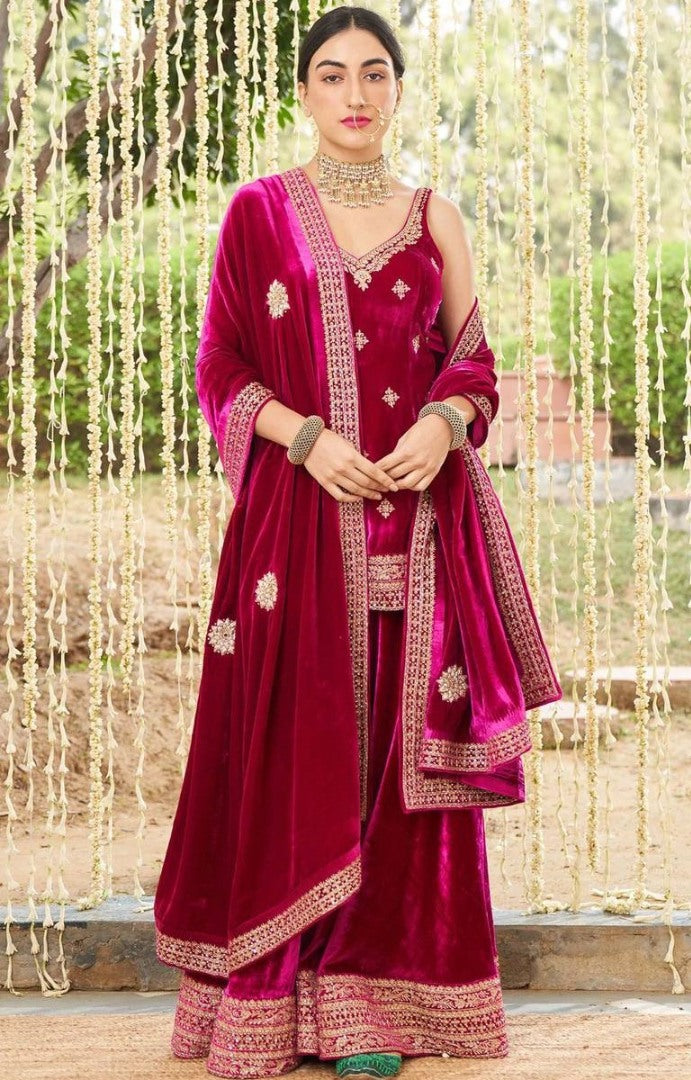 Pink velvet heavy embroidery work plazzo suit
