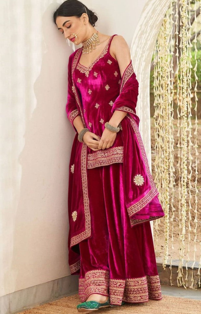 Pink velvet heavy embroidery work plazzo suit