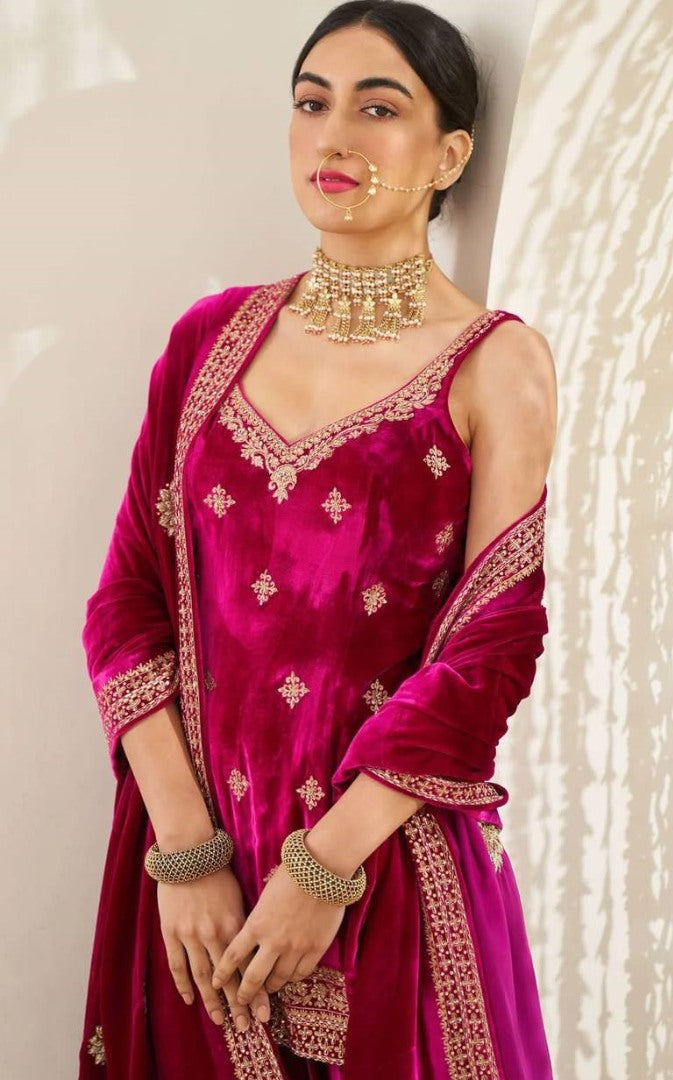 Pink velvet heavy embroidery work plazzo suit