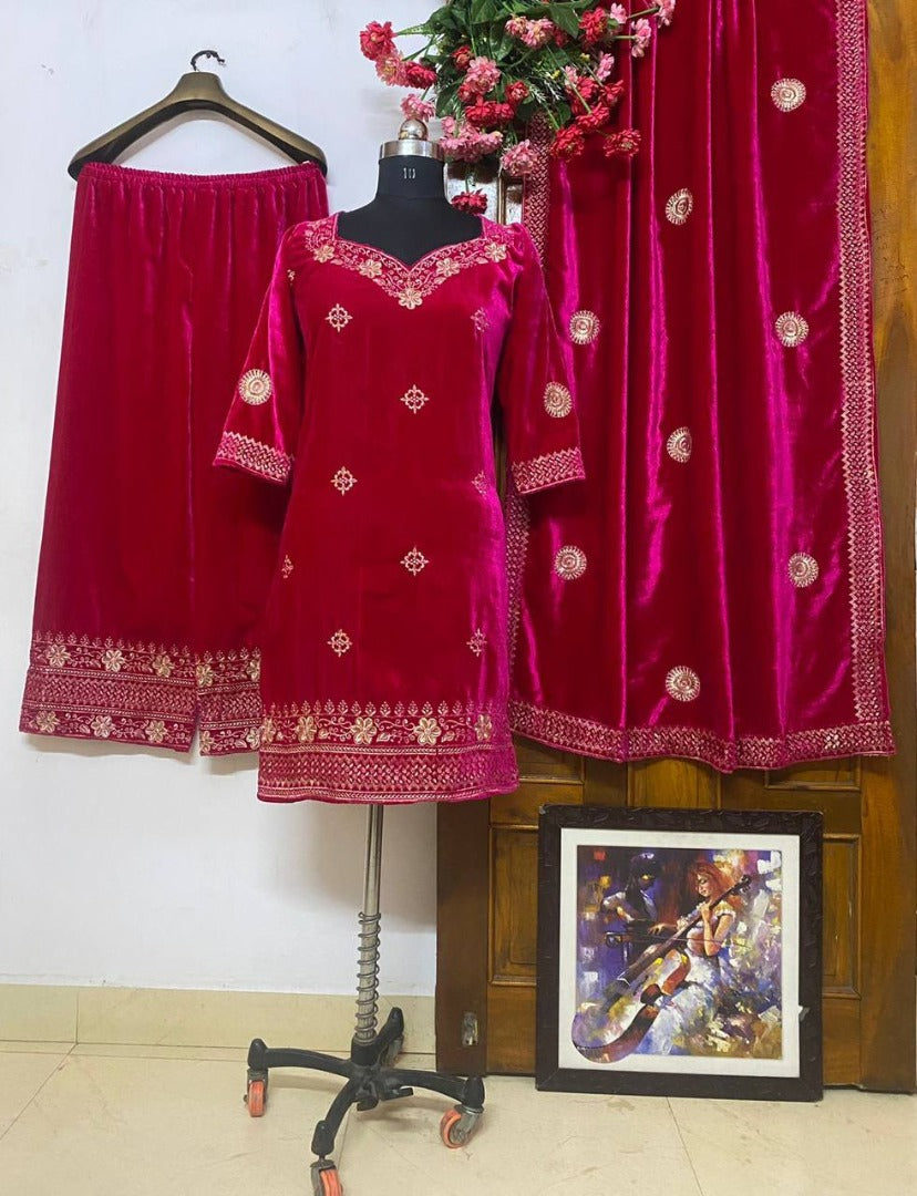 Pink velvet heavy embroidery work plazzo suit