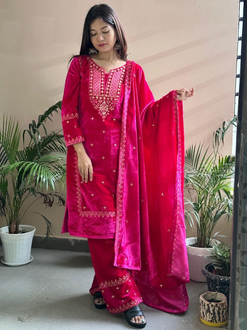 Pink velvet palazzo suit