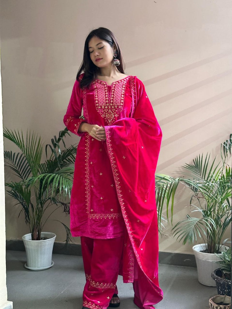 Pink velvet palazzo suit