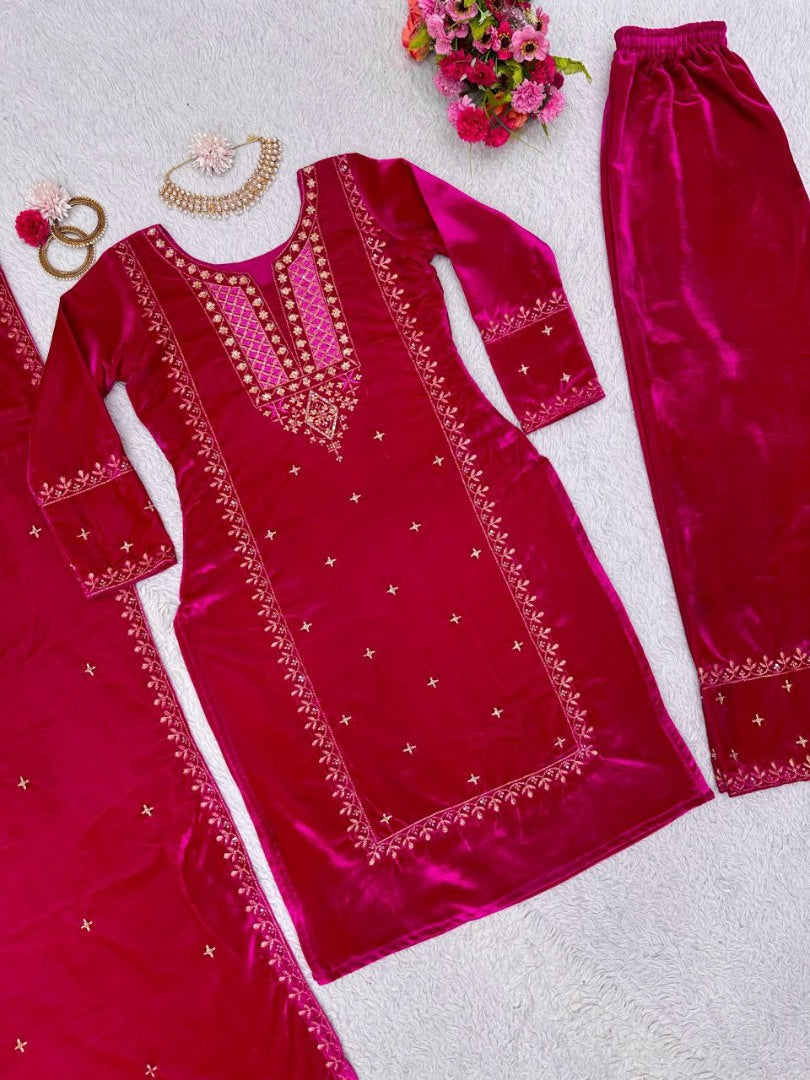 Pink velvet palazzo suit