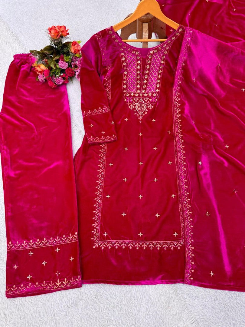 Pink velvet palazzo suit