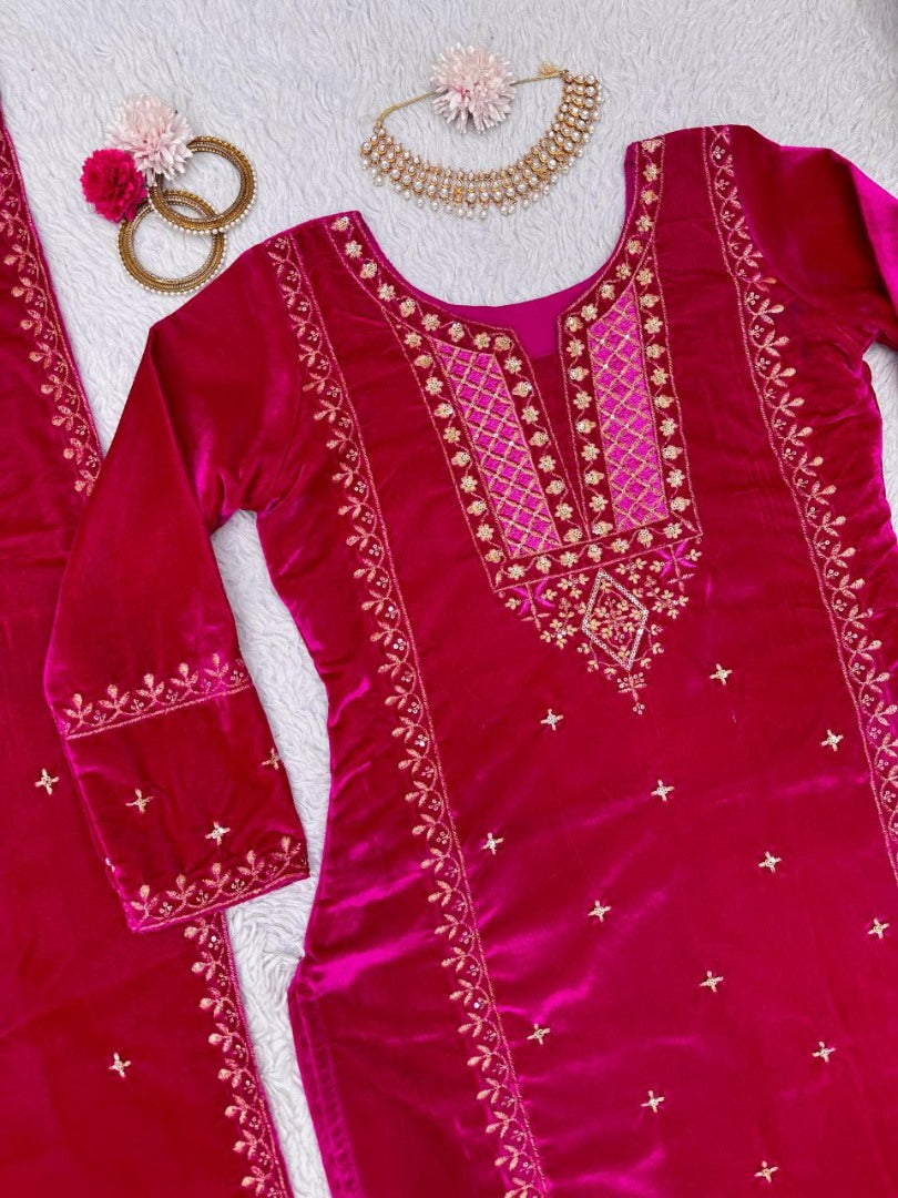 Pink velvet palazzo suit