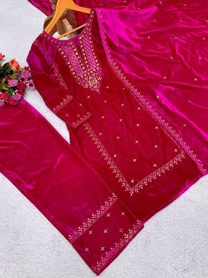 Pink velvet palazzo suit